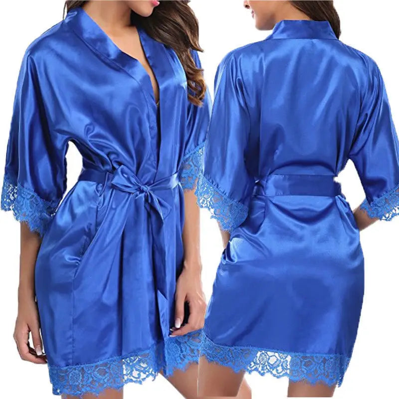 Robe Feminino de Seda com Renda - Camisola Preta Meia Manga Macia e Confortável