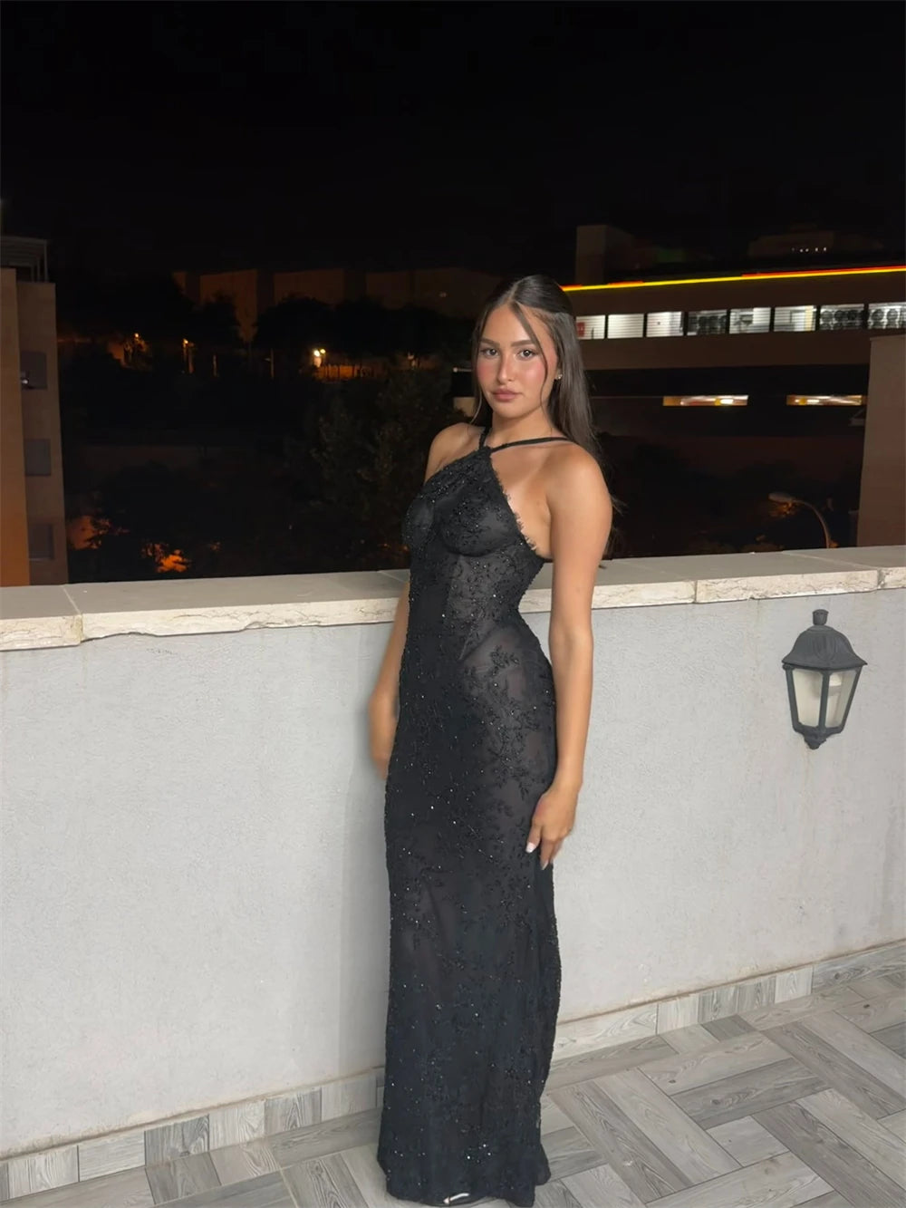 Mila Customized Black Halter Straps Simple Prom Dress Sequined Lace Column Formal Evening Floor-Length Vestidos De Fiesta 2026