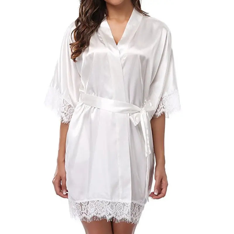Robe Feminino de Seda com Renda - Camisola Preta Meia Manga Macia e Confortável