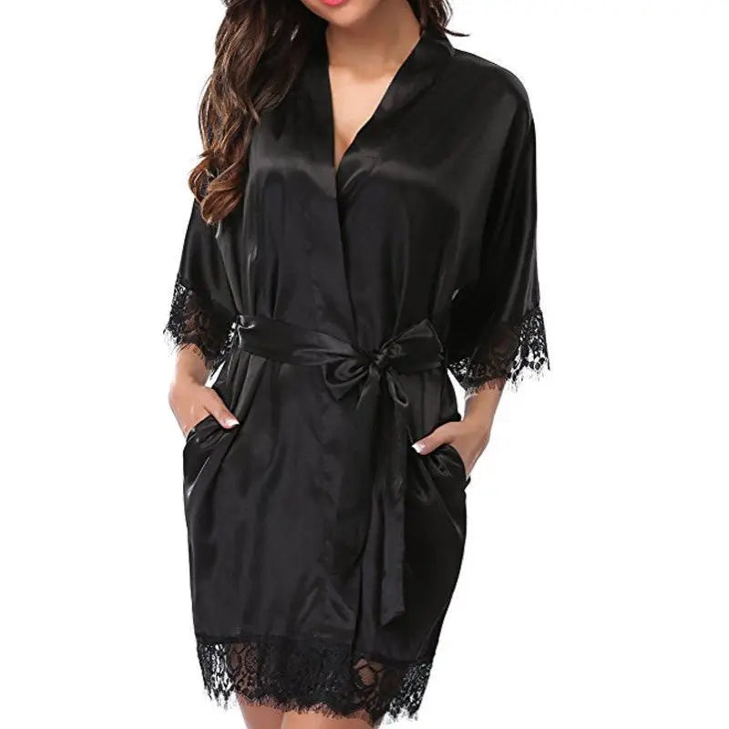 Robe Feminino de Seda com Renda - Camisola Preta Meia Manga Macia e Confortável