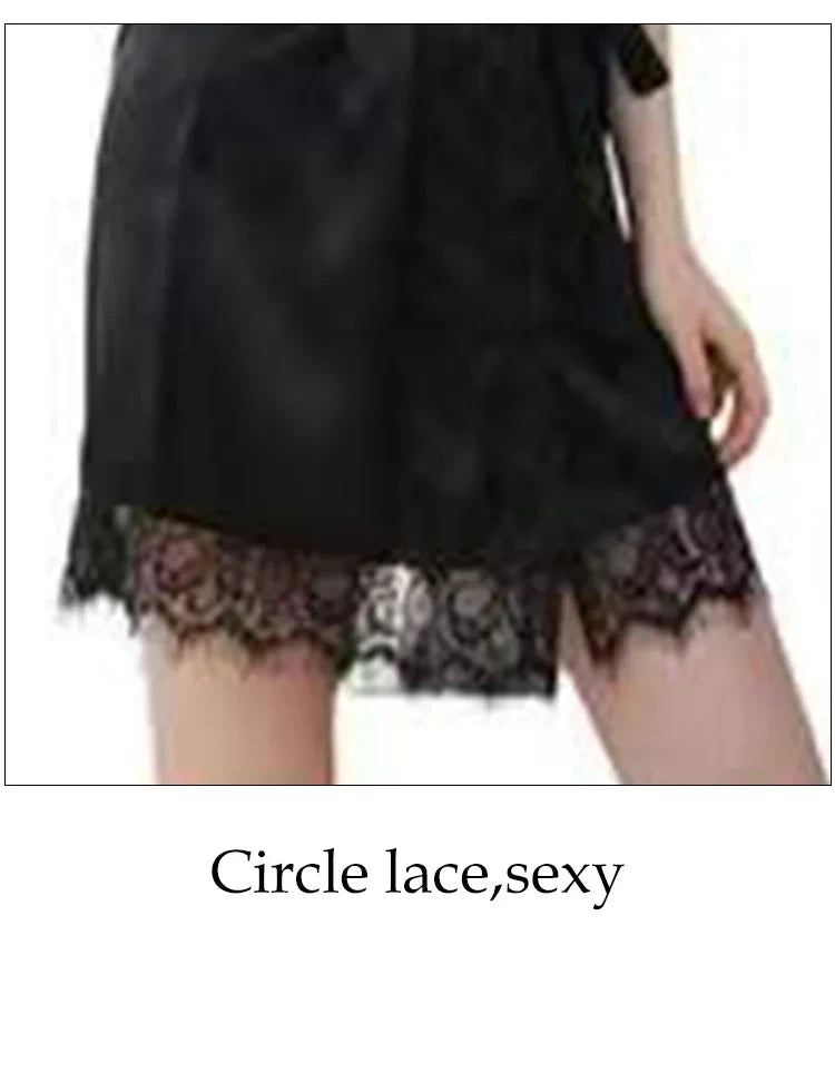 Robe Feminino de Seda com Renda - Camisola Preta Meia Manga Macia e Confortável