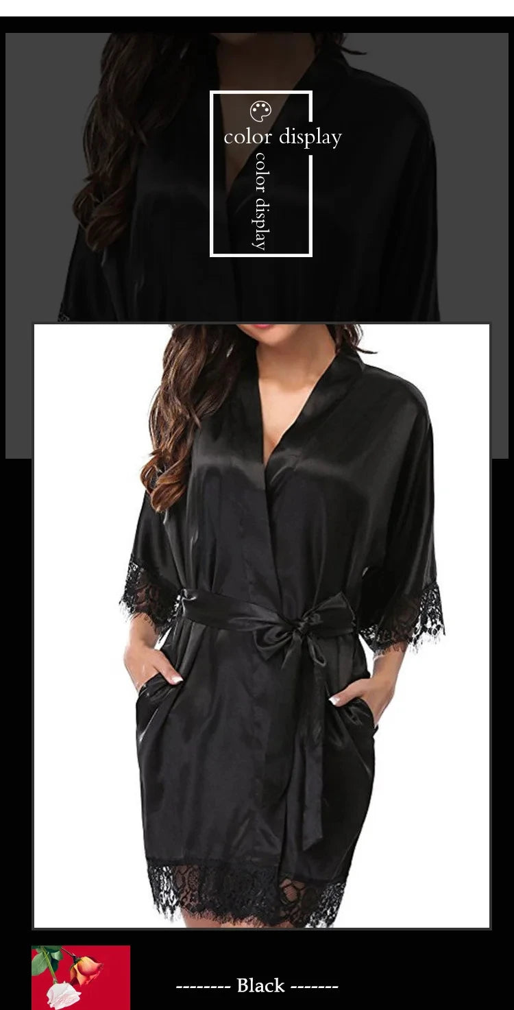 Robe Feminino de Seda com Renda - Camisola Preta Meia Manga Macia e Confortável
