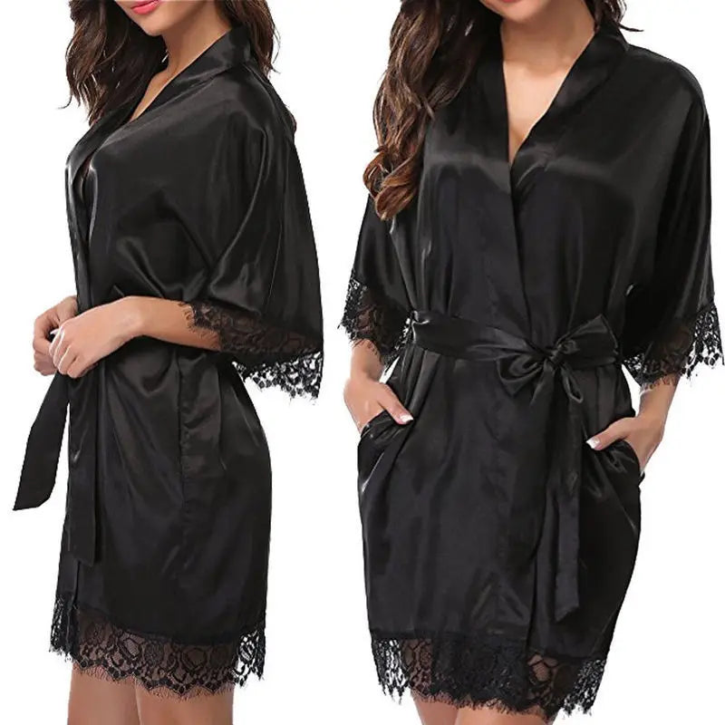 Robe Feminino de Seda com Renda - Camisola Preta Meia Manga Macia e Confortável