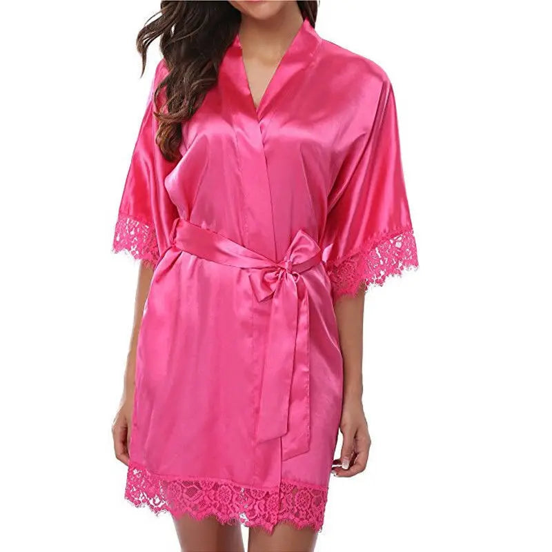 Robe Feminino de Seda com Renda - Camisola Preta Meia Manga Macia e Confortável