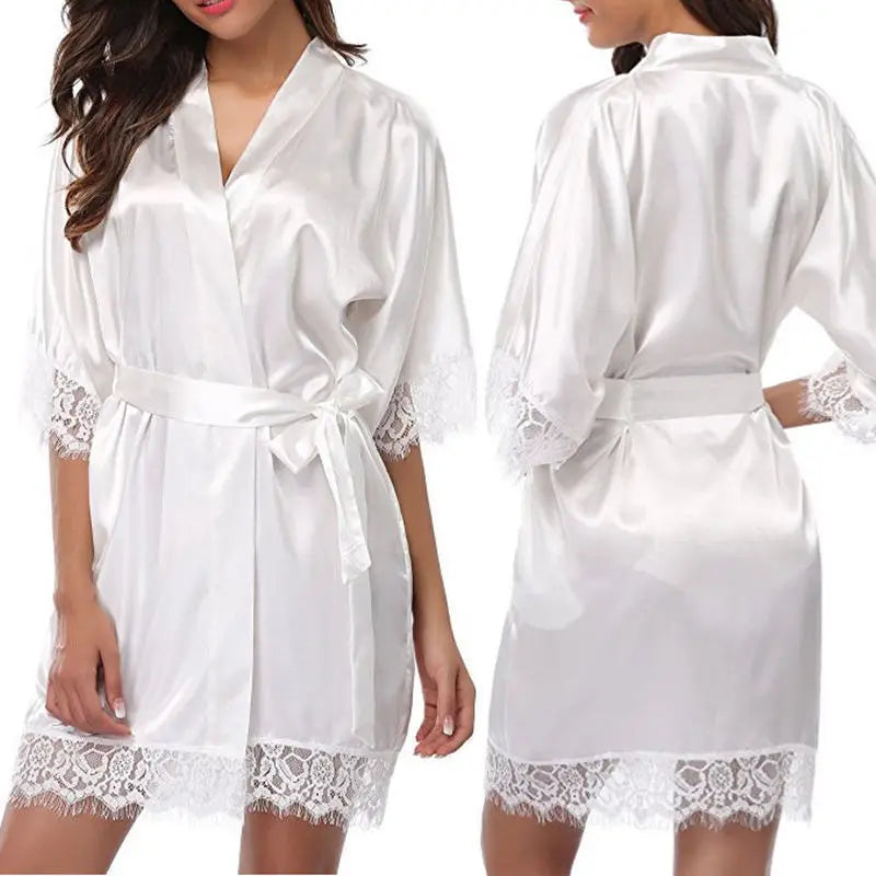 Robe Feminino de Seda com Renda - Camisola Preta Meia Manga Macia e Confortável