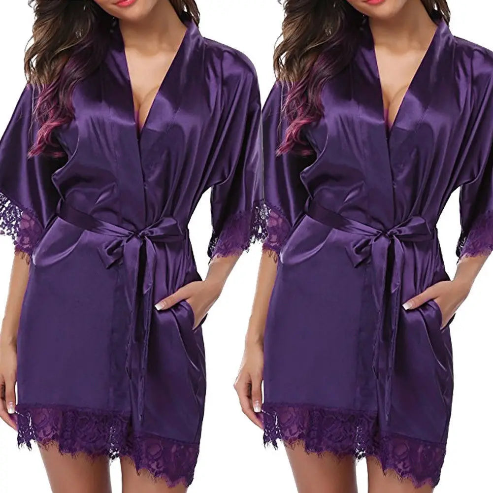 Robe Feminino de Seda com Renda - Camisola Preta Meia Manga Macia e Confortável