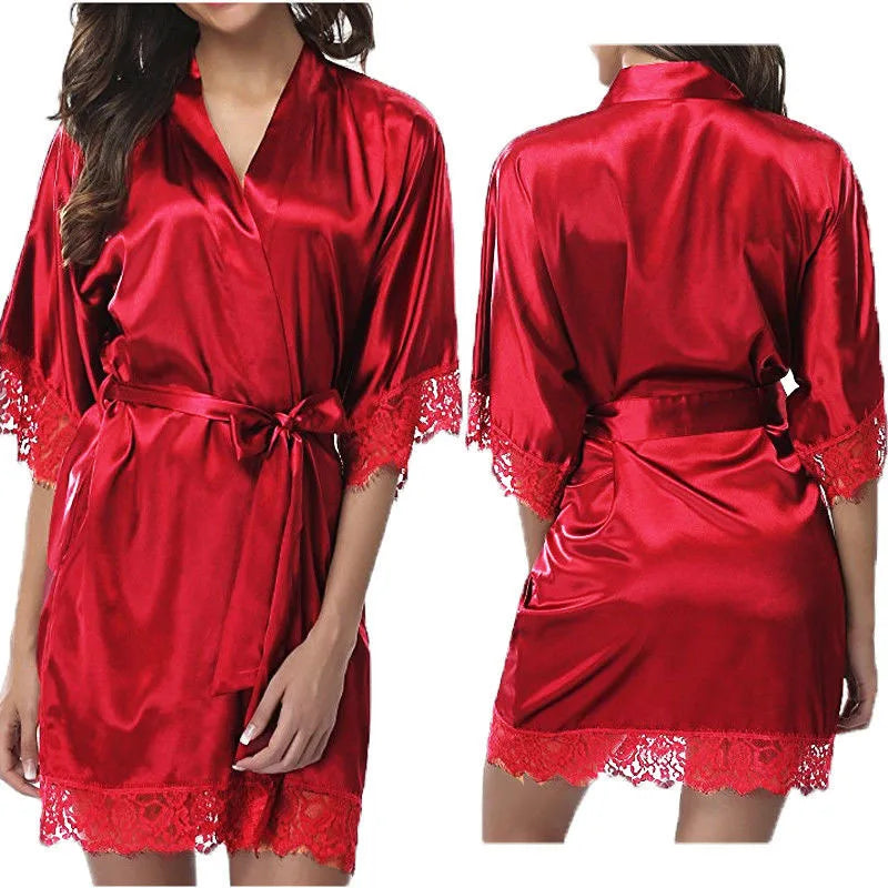 Robe Feminino de Seda com Renda - Camisola Preta Meia Manga Macia e Confortável