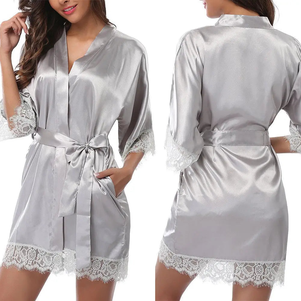 Robe Feminino de Seda com Renda - Camisola Preta Meia Manga Macia e Confortável