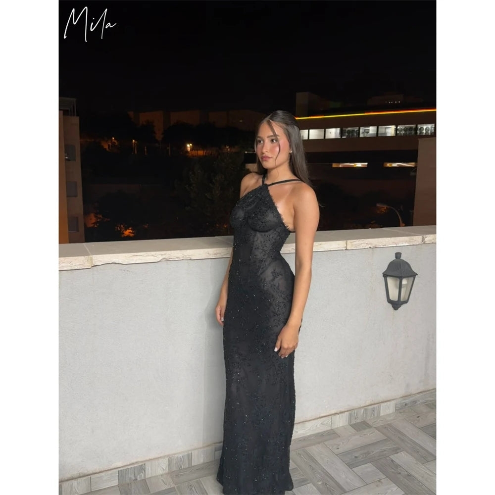 Mila Customized Black Halter Straps Simple Prom Dress Sequined Lace Column Formal Evening Floor-Length Vestidos De Fiesta 2026