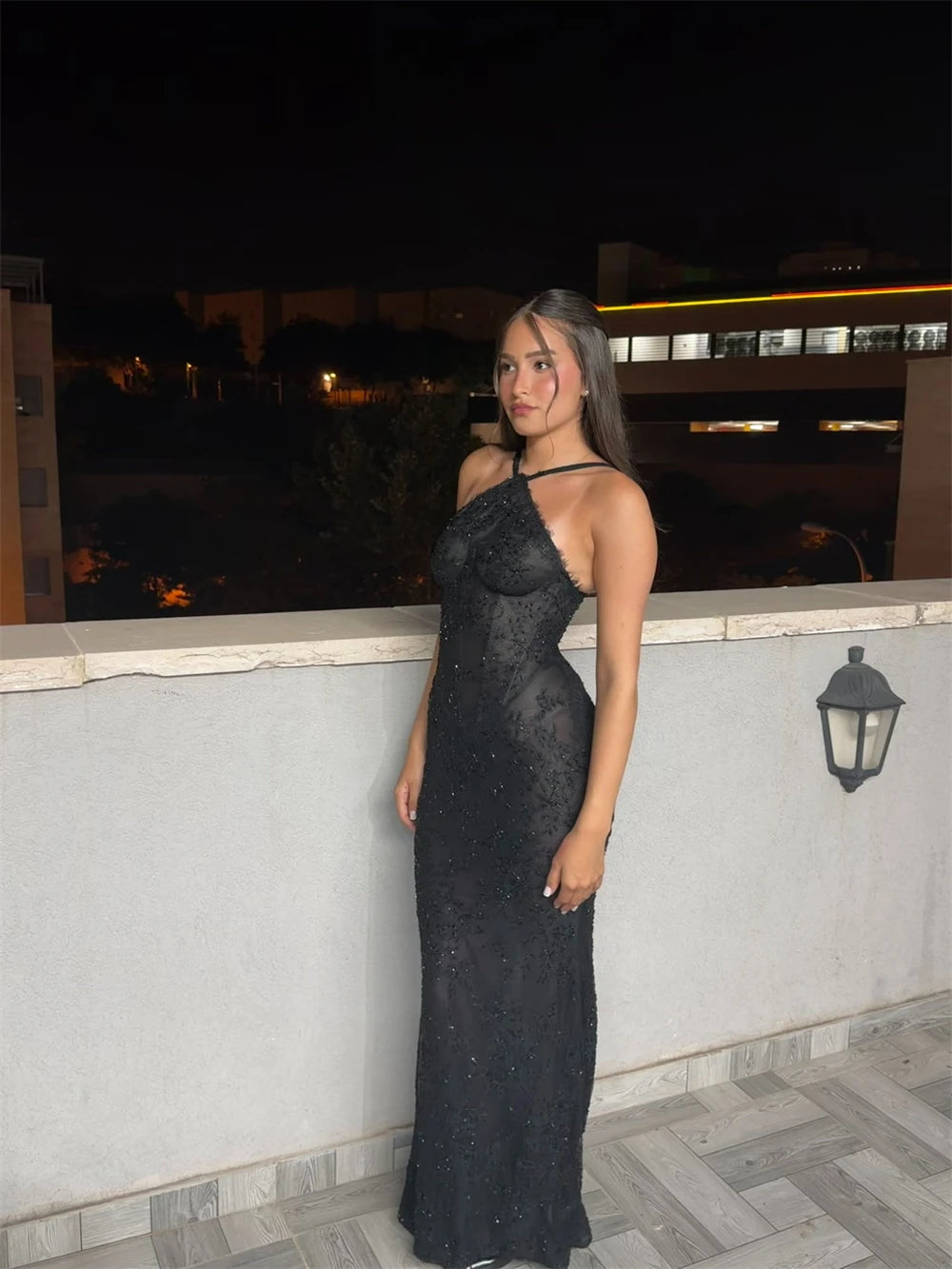 Mila Customized Black Halter Straps Simple Prom Dress Sequined Lace Column Formal Evening Floor-Length Vestidos De Fiesta 2026