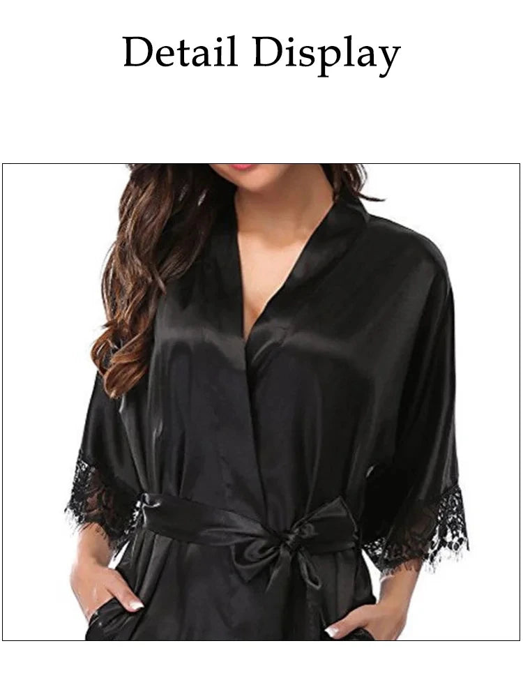Robe Feminino de Seda com Renda - Camisola Preta Meia Manga Macia e Confortável