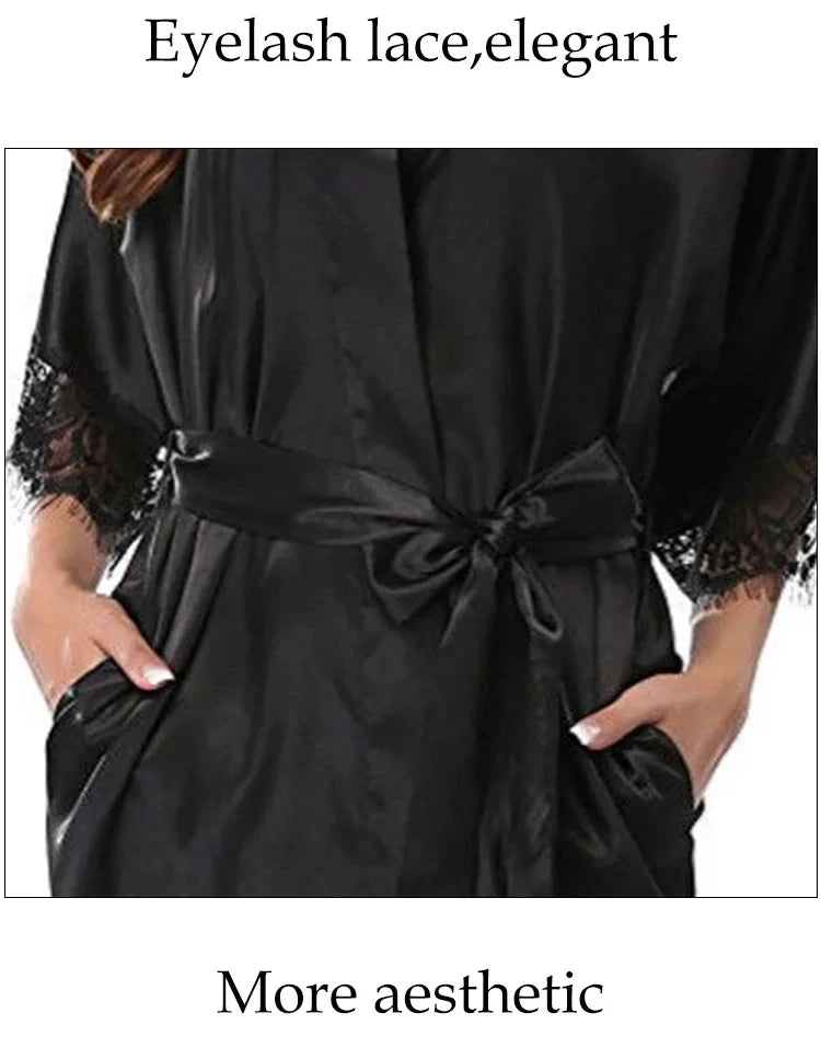 Robe Feminino de Seda com Renda - Camisola Preta Meia Manga Macia e Confortável