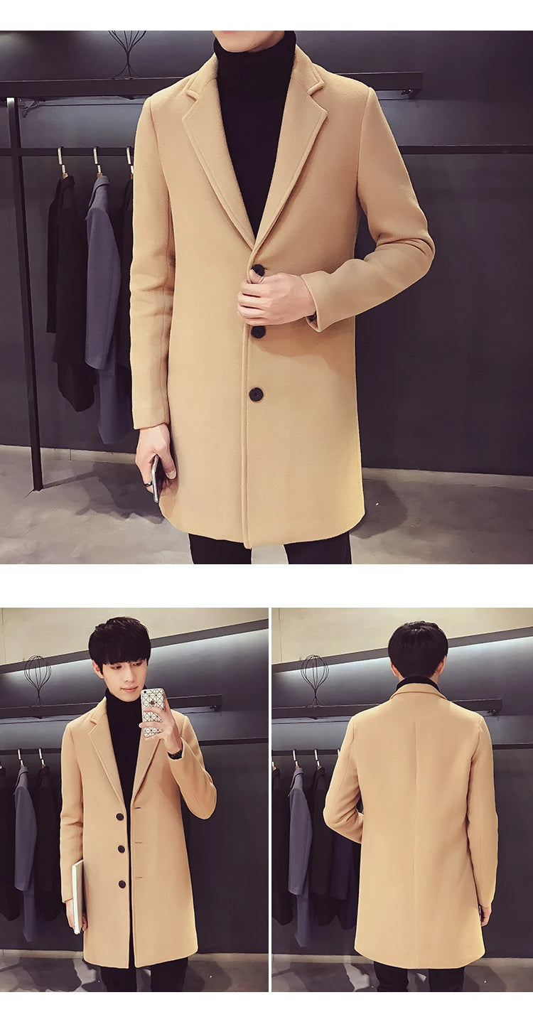 Men Long Cotton Coat 2025 Autumn Winter Wool Blend Pure Color Business Casual Slim Fit Windbreaker Jacket Fashion Men Clothing