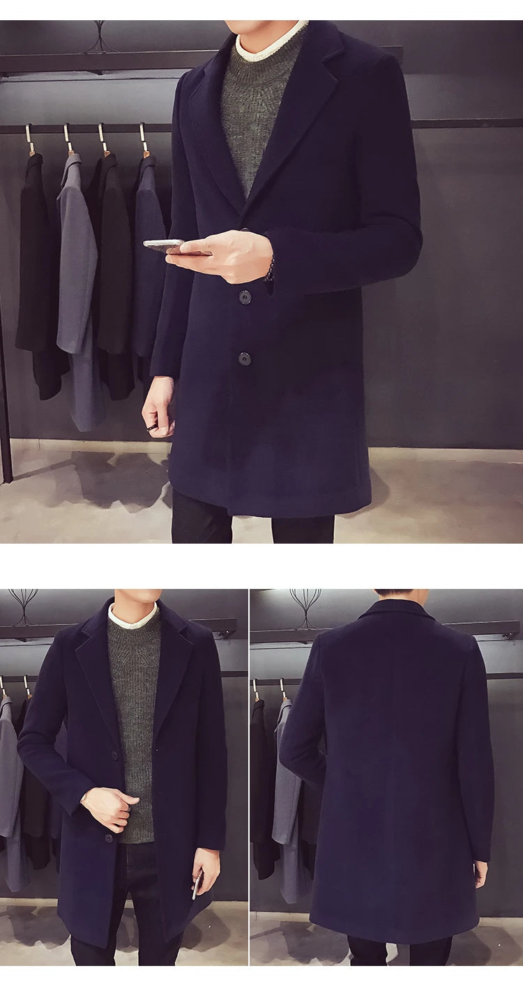 Men Long Cotton Coat 2025 Autumn Winter Wool Blend Pure Color Business Casual Slim Fit Windbreaker Jacket Fashion Men Clothing