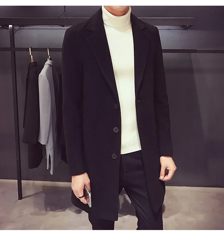 Men Long Cotton Coat 2025 Autumn Winter Wool Blend Pure Color Business Casual Slim Fit Windbreaker Jacket Fashion Men Clothing