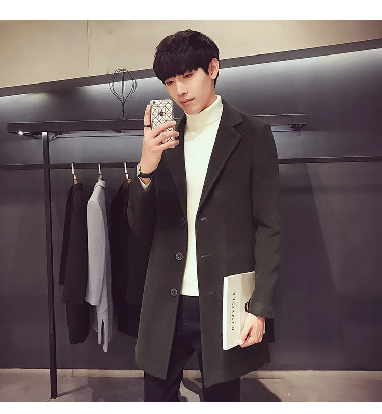 Men Long Cotton Coat 2025 Autumn Winter Wool Blend Pure Color Business Casual Slim Fit Windbreaker Jacket Fashion Men Clothing