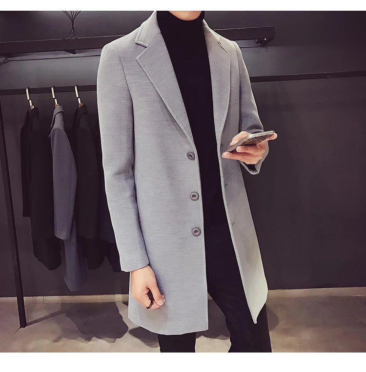 Men Long Cotton Coat 2025 Autumn Winter Wool Blend Pure Color Business Casual Slim Fit Windbreaker Jacket Fashion Men Clothing