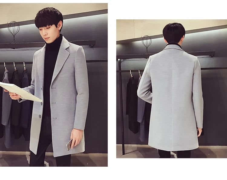 Men Long Cotton Coat 2025 Autumn Winter Wool Blend Pure Color Business Casual Slim Fit Windbreaker Jacket Fashion Men Clothing