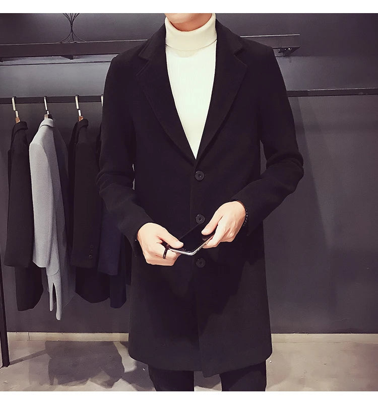 Men Long Cotton Coat 2025 Autumn Winter Wool Blend Pure Color Business Casual Slim Fit Windbreaker Jacket Fashion Men Clothing