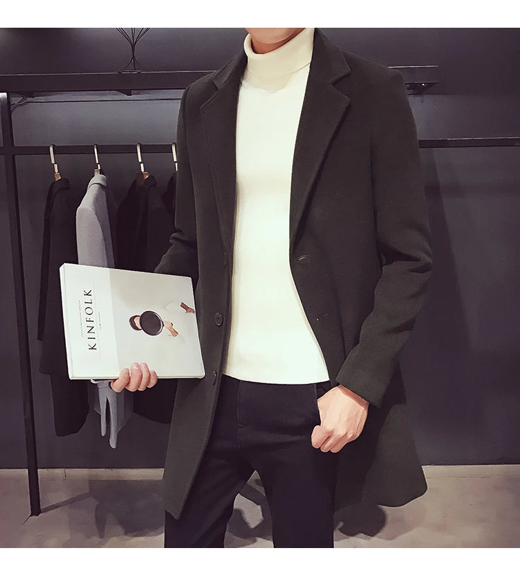 Men Long Cotton Coat 2025 Autumn Winter Wool Blend Pure Color Business Casual Slim Fit Windbreaker Jacket Fashion Men Clothing