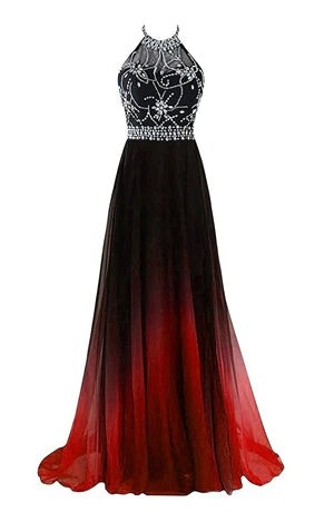 Women's Sexy Long V-Neck Beaded Prom Dresses A-Line Criss Cross Back Formal Occasion Evening Party Gown Vestidos De Gala BM400
