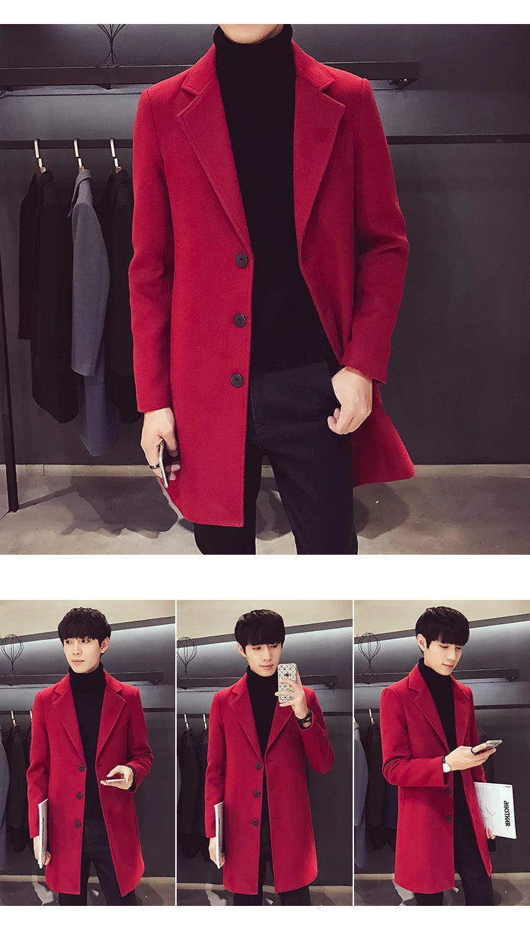 Men Long Cotton Coat 2025 Autumn Winter Wool Blend Pure Color Business Casual Slim Fit Windbreaker Jacket Fashion Men Clothing