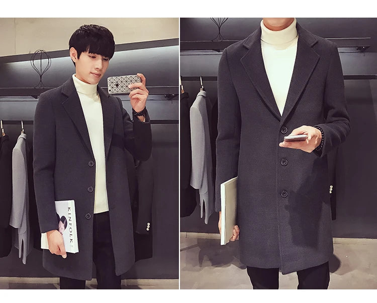 Men Long Cotton Coat 2025 Autumn Winter Wool Blend Pure Color Business Casual Slim Fit Windbreaker Jacket Fashion Men Clothing