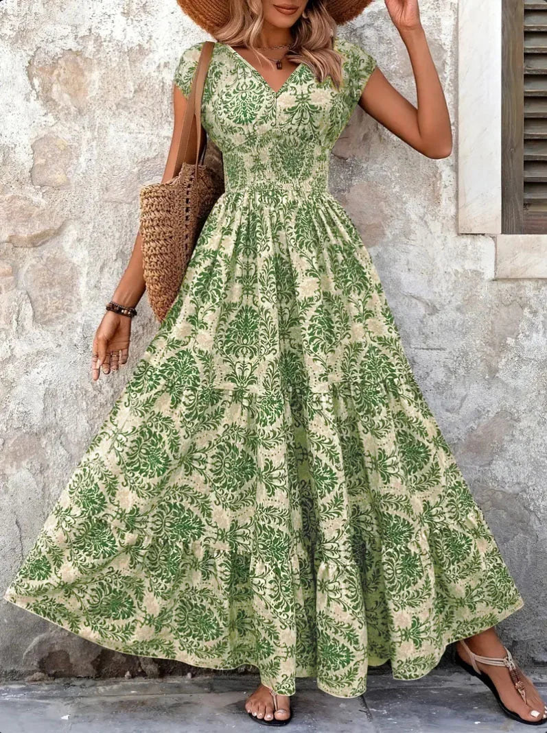 Vestido Longo Feminino Vintage Floral com Decote V - Manga Curta Retrô Elegante 2026