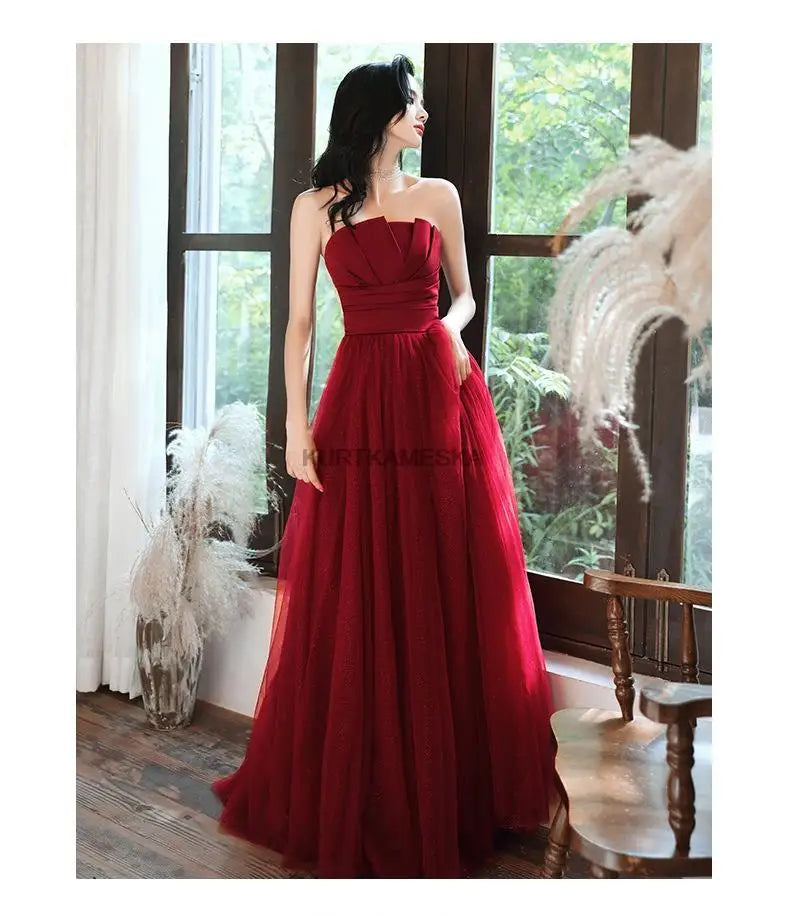 Satin Strapless Evening Prom Dresses for Women Summer 2026 Elegant Sexy Ruched Mesh Long Formal Party Show Host Dress Vestidos