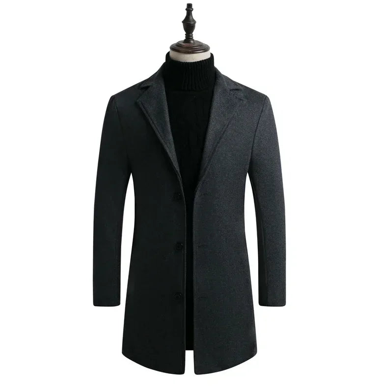 Men Long Cotton Coat 2025 Autumn Winter Wool Blend Pure Color Business Casual Slim Fit Windbreaker Jacket Fashion Men Clothing