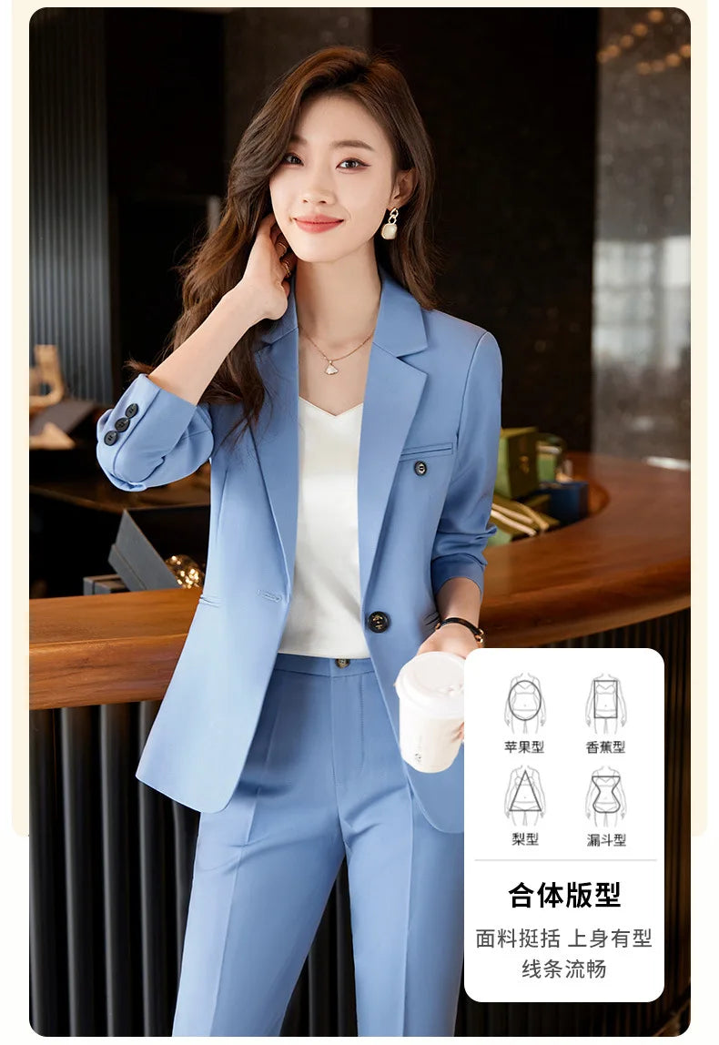 Blue/Coffe/khaki casual business women' suit spring and autumn high-end workplace temperament double-breasted suit trousers suit