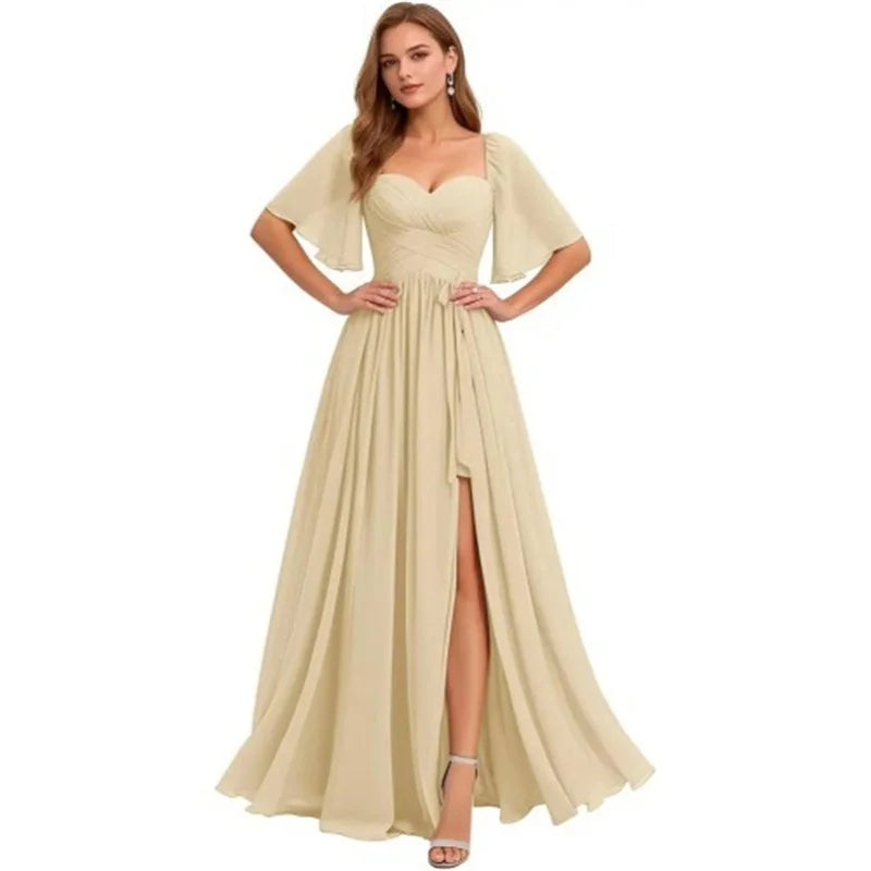 A Line Short Sleeve Chiffon Bridesmaid Dresses One Shouder Slit Pleat Elegant Wedding Party Formal Prom Evening Lace Up Back