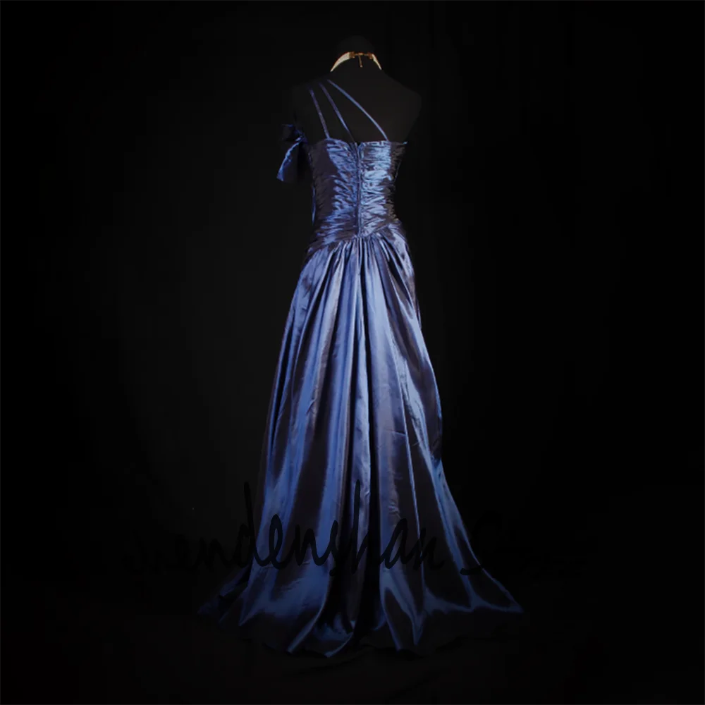 Deep Navy Blue Satin One-Shoulder Women Evening Dresses Floor-Length Formal Wedding Guest&Prom Gown with Sequin Embellishments