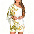 One Shoulder Batwing Sleeve Mini Dress Women Elegant Yellow Floral Print Satin Short Dress Summer Vacation Beach Party Bodycon D