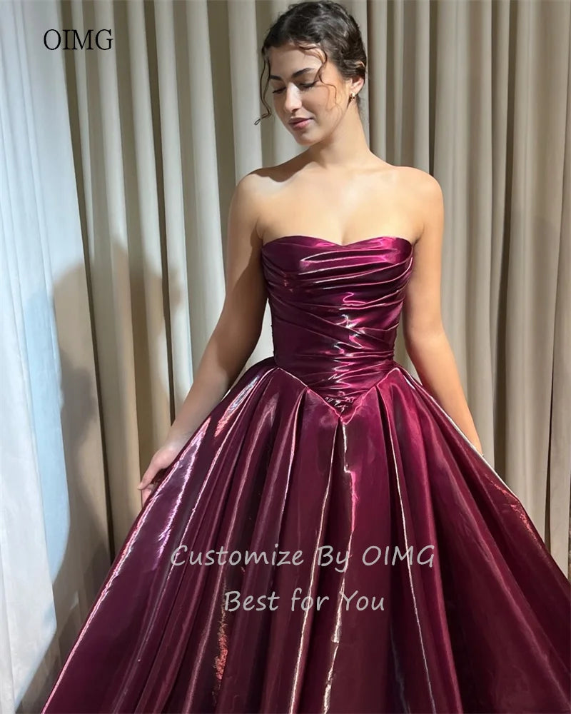 OIMG Elegant Strapless A Line Prom Gowns Shiny Backless Pleated Party Gown Floor Length Evening Dress 2026 Customized