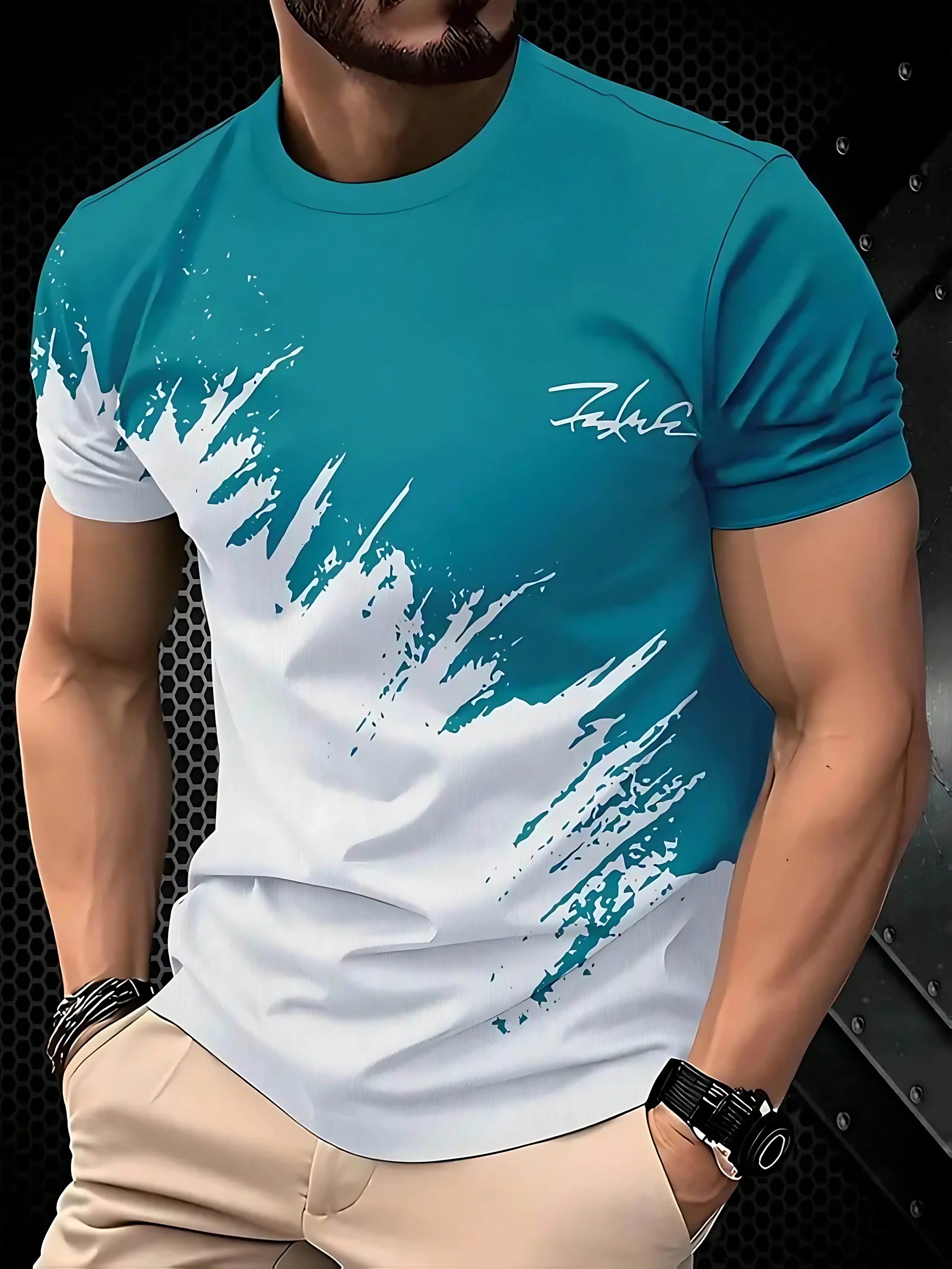 Camiseta Masculina com Estampa Gradiente 3D - Casual Macia Respirável Verão 2025