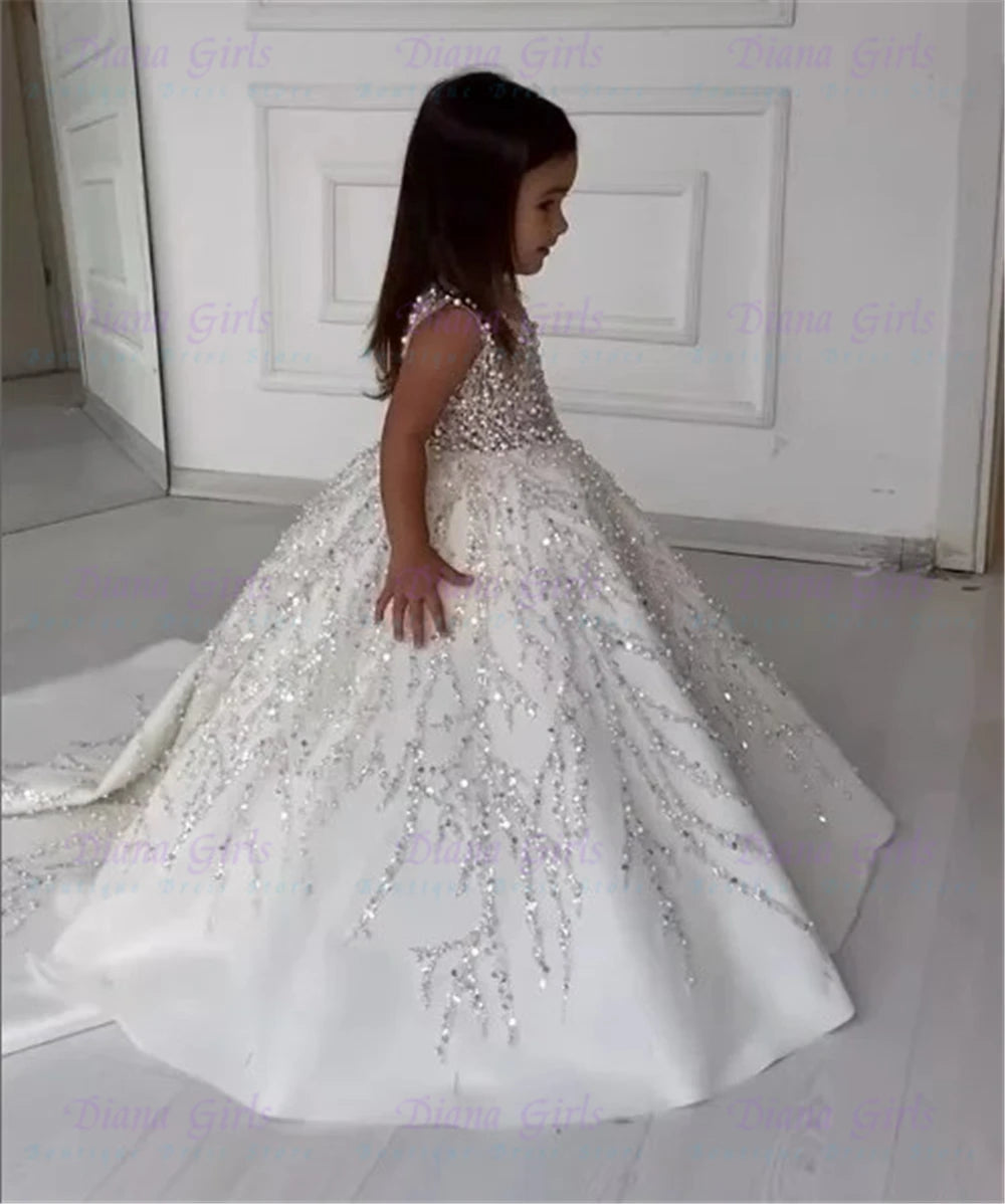 Quality Gorgeous Pearl Sequins Satin FLuffy Flower Girl Dress Exquisite Applique For Wedding Birthday Party Evening Ball Gowns