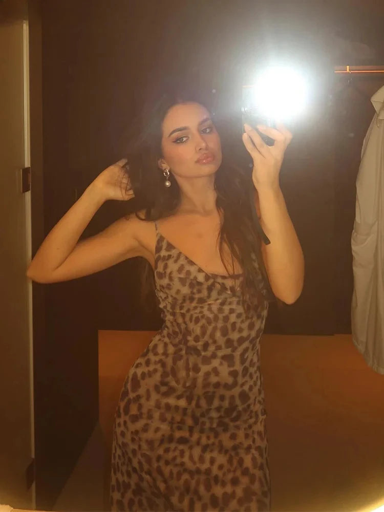 Vestido Feminino com Estampa de Leopardo - Sexy Alças Finas Babados Festa Clube
