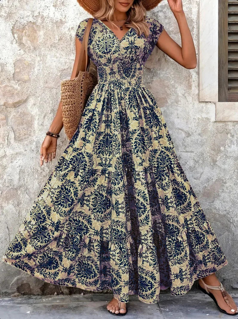 Vestido Longo Feminino Vintage Floral com Decote V - Manga Curta Retrô Elegante 2026
