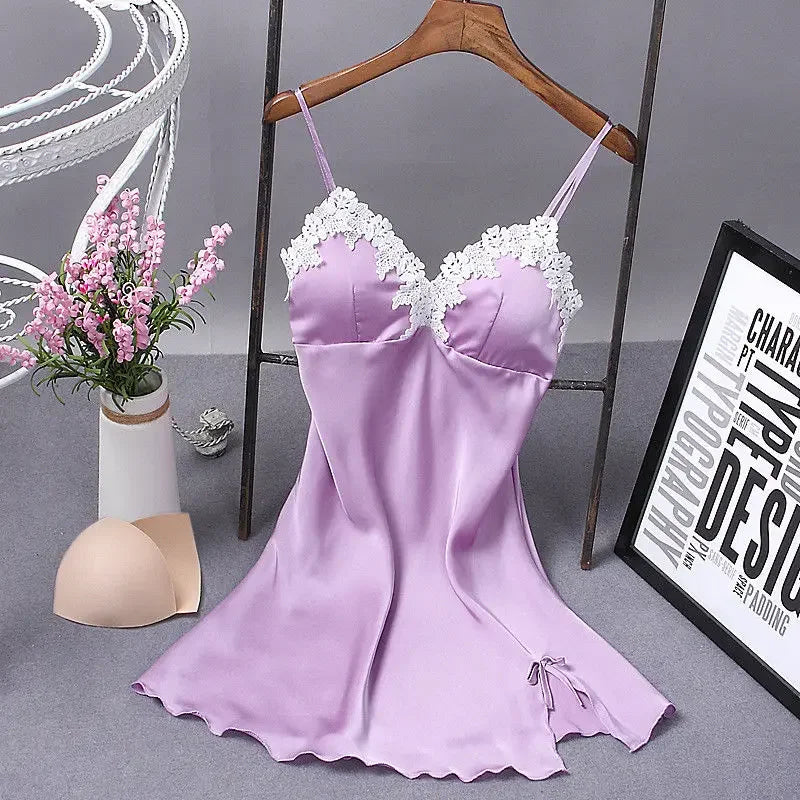Camisola Feminina de Seda com Decote V - Lingerie Sexy Sleepwear Verão