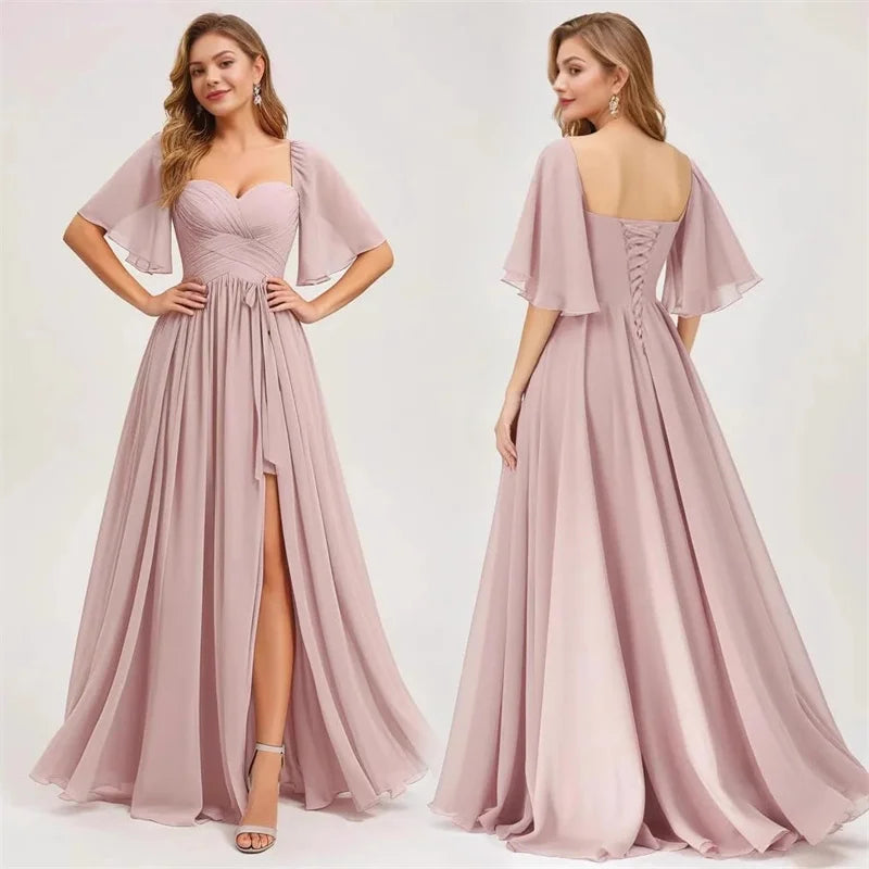 A Line Short Sleeve Chiffon Bridesmaid Dresses One Shouder Slit Pleat Elegant Wedding Party Formal Prom Evening Lace Up Back