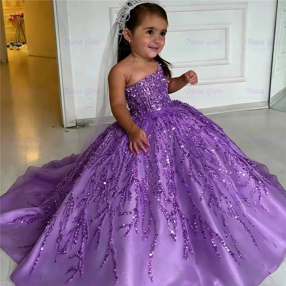 Quality Gorgeous Pearl Sequins Satin FLuffy Flower Girl Dress Exquisite Applique For Wedding Birthday Party Evening Ball Gowns