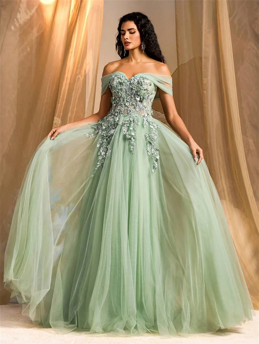 Customized Sage Green Off Shoulder Prom Dress Floral Appliques Tulle Formal Evening Gown for Women Wedding Party Quinceanera