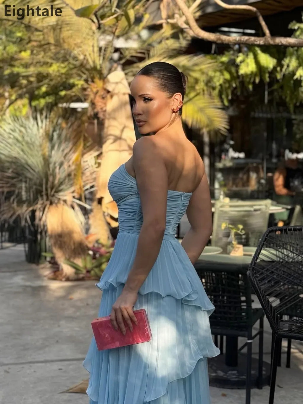 Eightale 2025 Sky Blue A Line Chiffon Maxi Evening Dress Strapless Ruffles Saudi Arabic Prom Dress Dubai Party Gown Customized