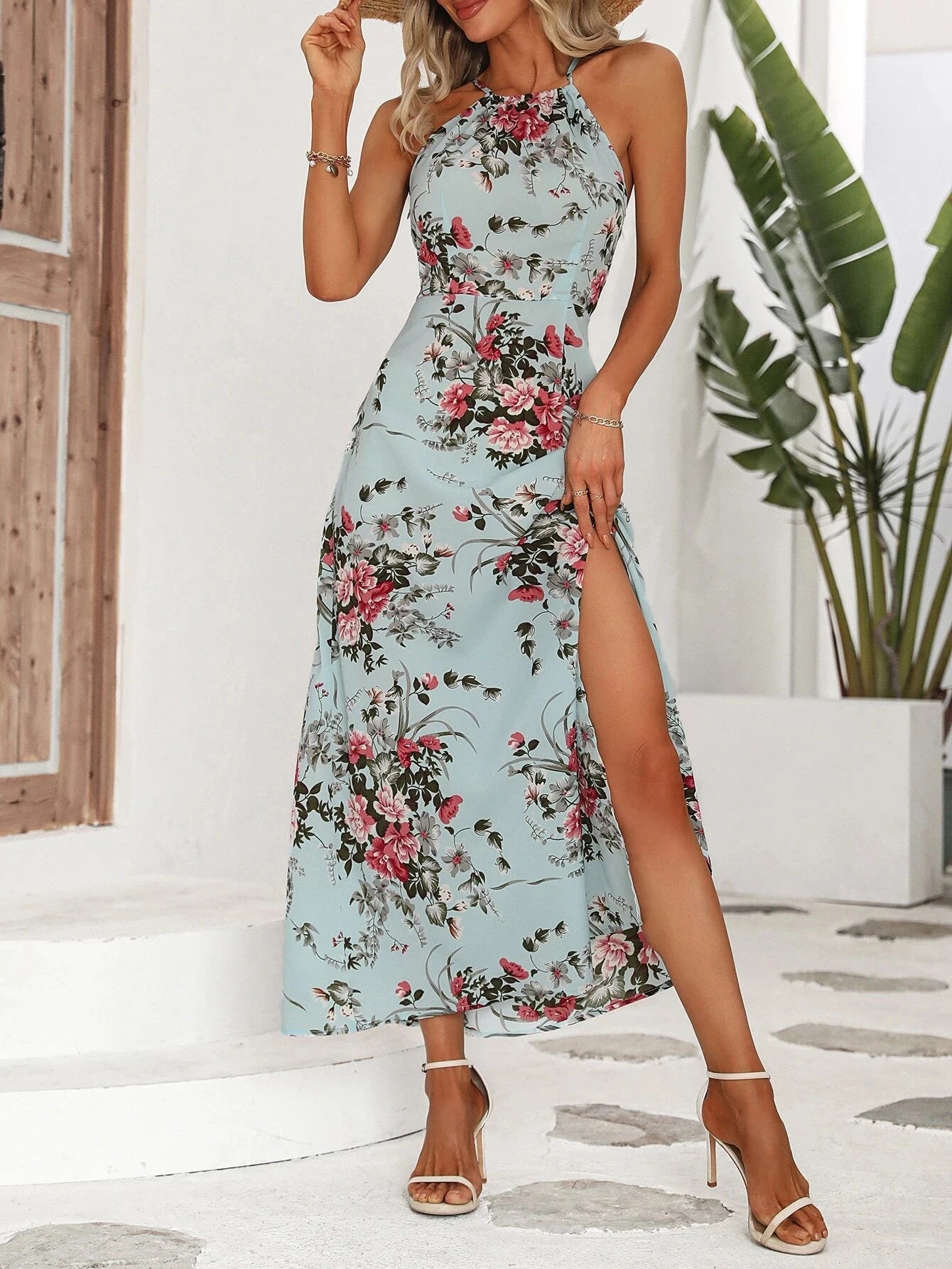 Vestido Halter Floral com Fenda Alta - Sleeveless Sexy Bodycon Praia Festa Verão