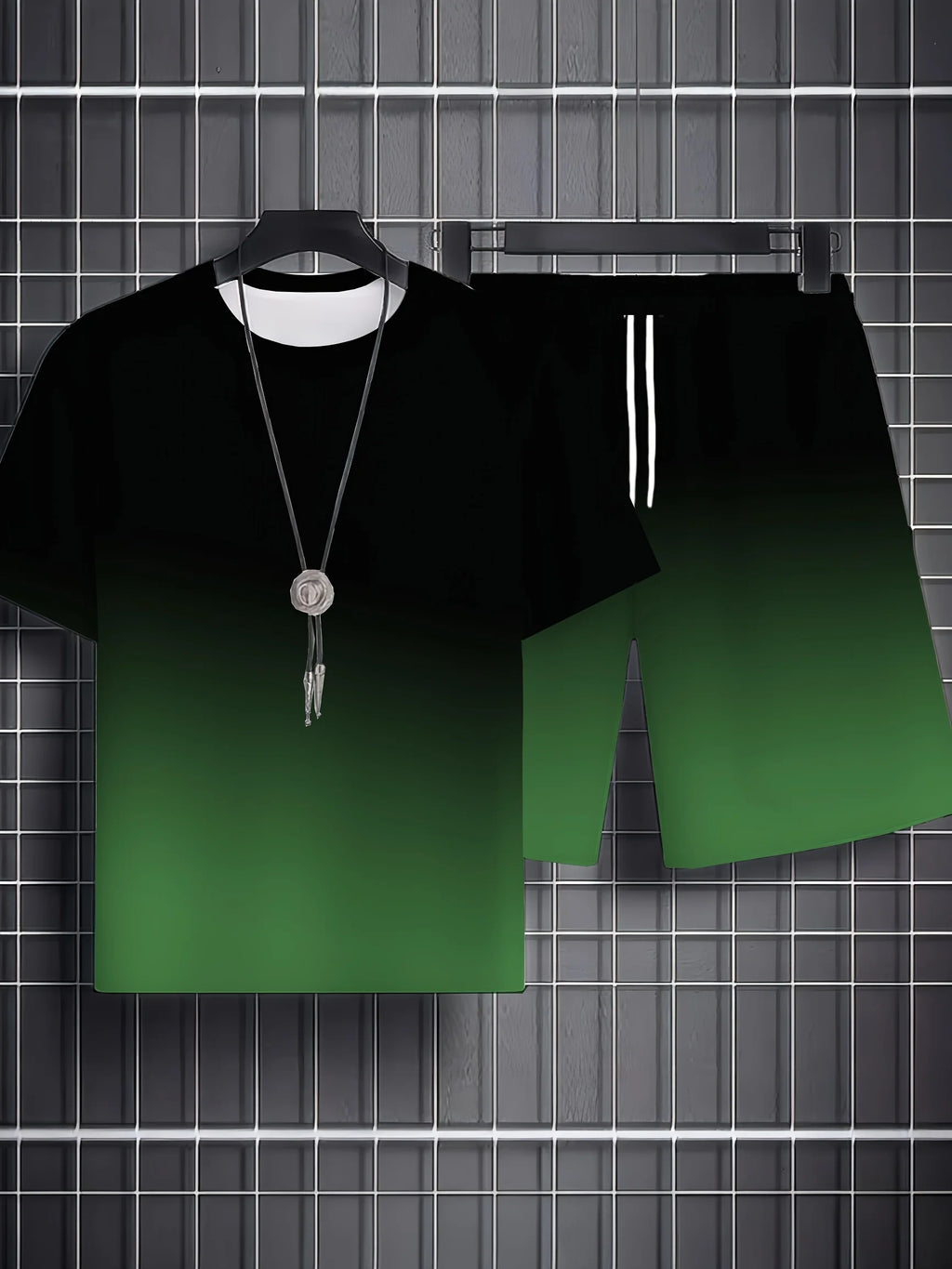 Summer Gradient Color Athletic T-Shirt and Shorts Set Stylish Men's Quick-Dry Athletic Short-Sleeve Top with Drawstring Shorts