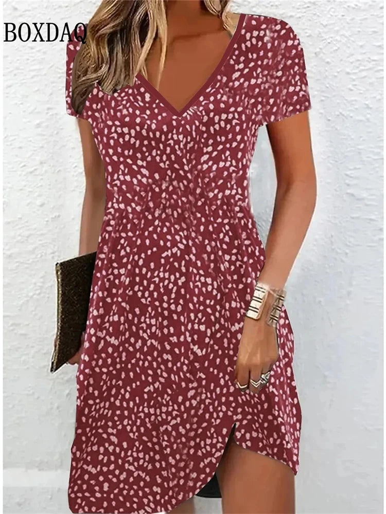 Vestido Feminino Casual Boho Praia - Estampa Floral Decote V Manga Curta Plus Size