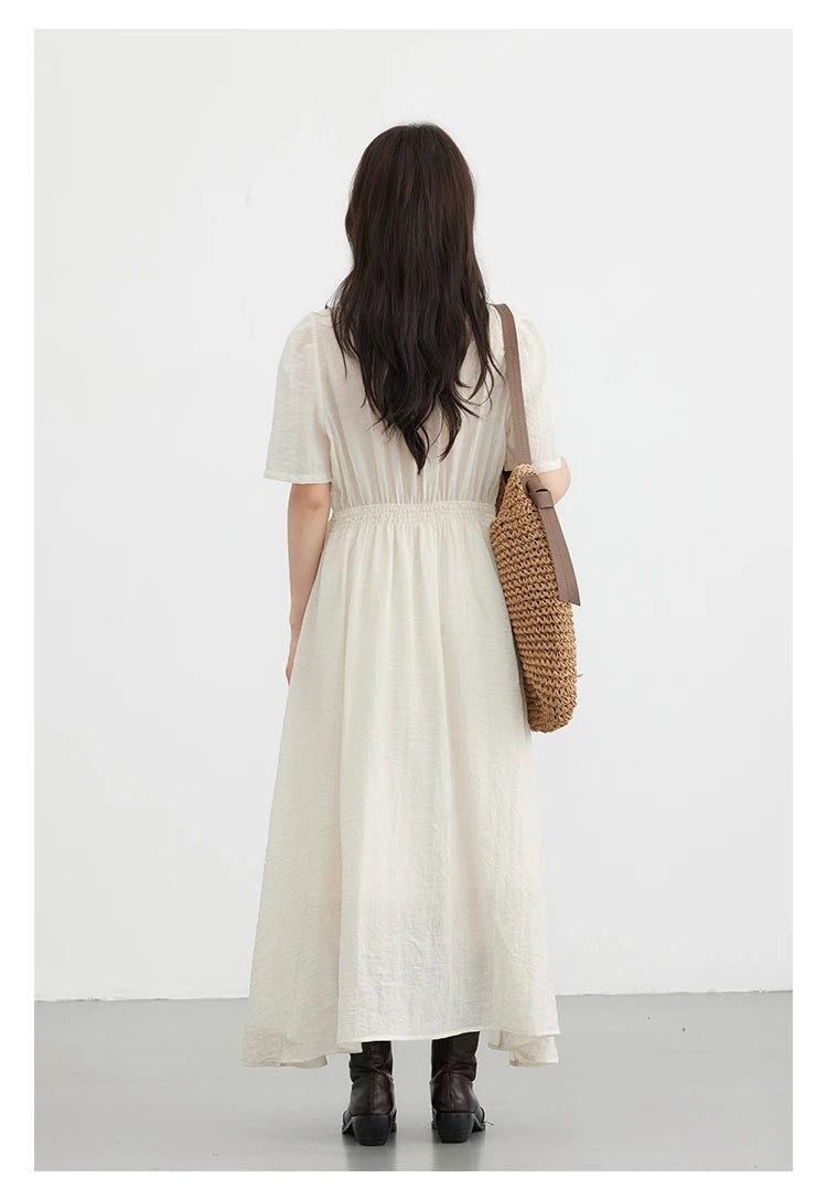 Vestido Longo Feminino Estilo Francês Vintage - Decote V Manga Bufante Preto Solto