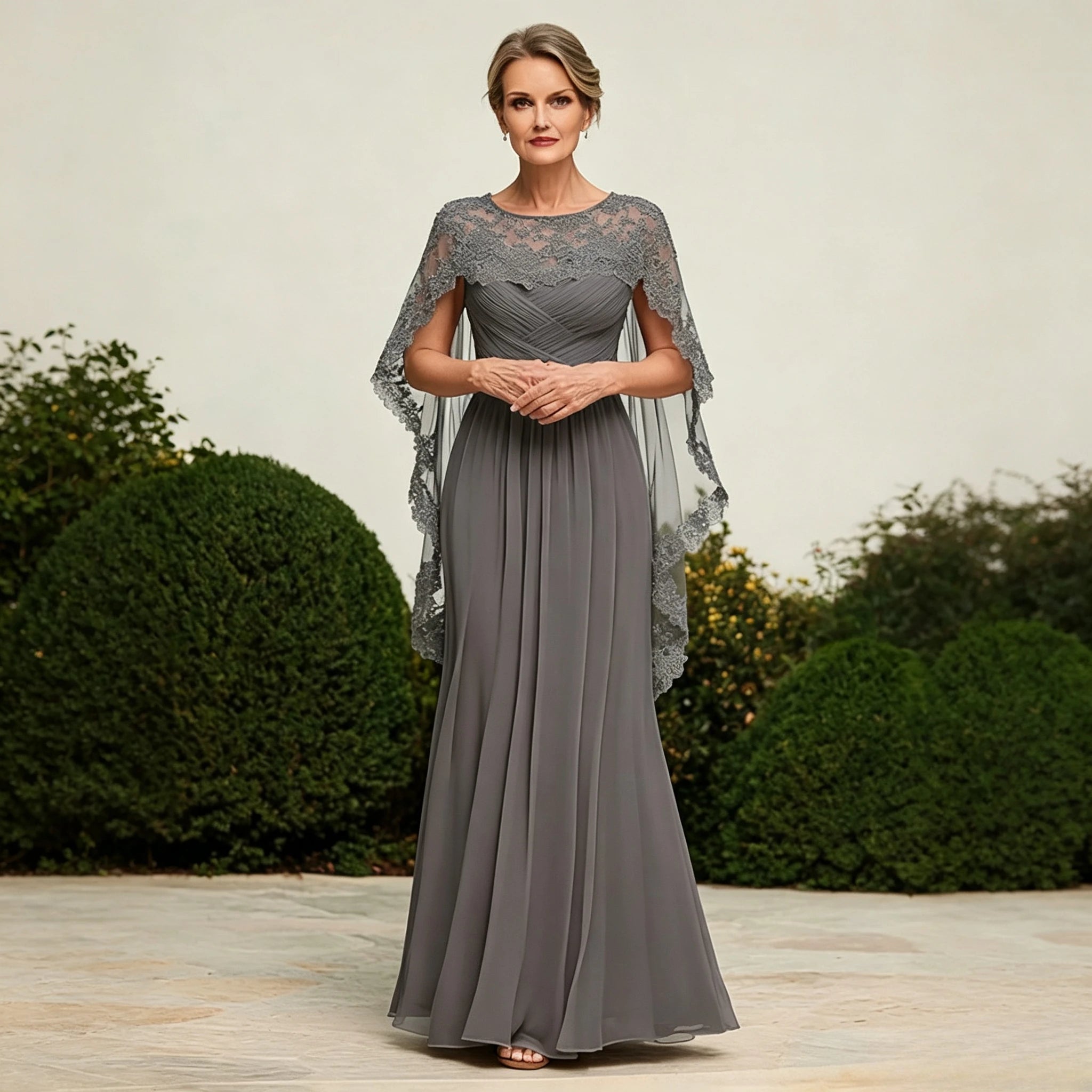 Gray Formal Evening Dress for Mother of the Bride with Round Neck, Lace Capelet, Ruched Bodice and Flowy Chiffon A-Line Skirt