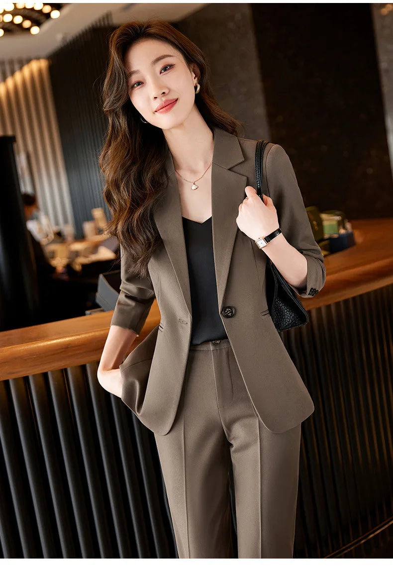 Blue/Coffe/khaki casual business women' suit spring and autumn high-end workplace temperament double-breasted suit trousers suit